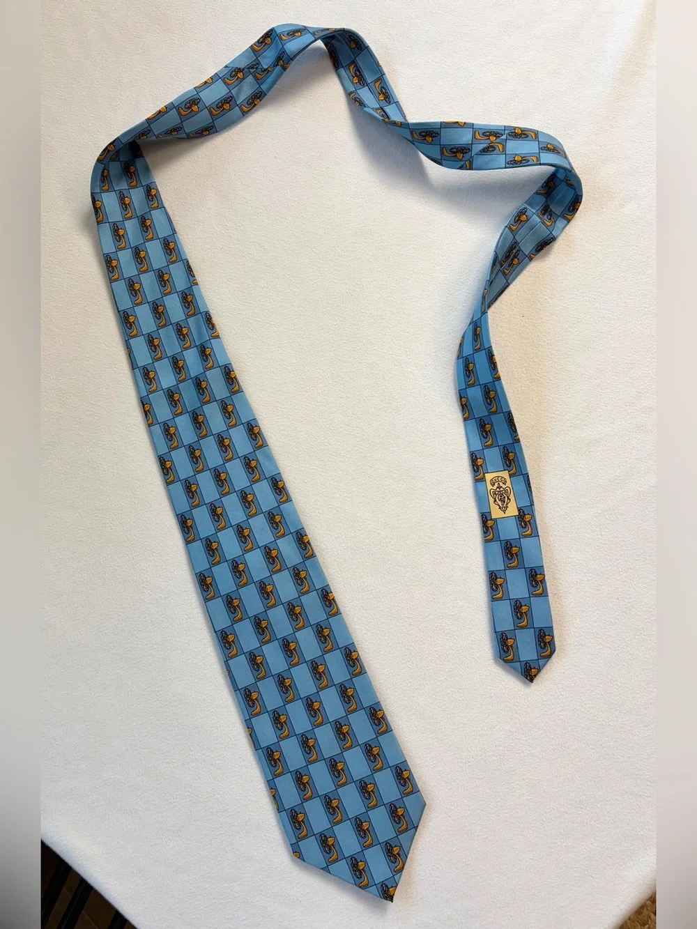 Gucci silk tie w/ electric fan pattern, blue/yellow, 54” 3.25”, GUC